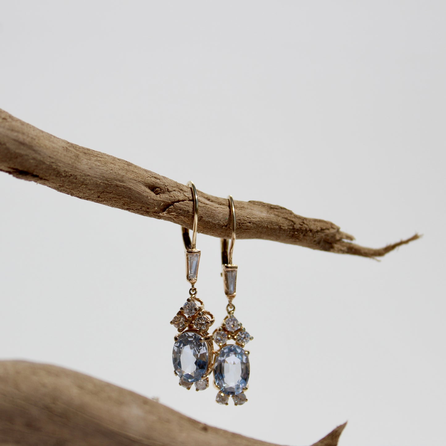 Antique Aquamarine & Diamond Drop Earrings, 3.78 Carats 14K Gold