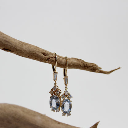 Antique Aquamarine & Diamond Drop Earrings, 3.78 Carats 14K Gold