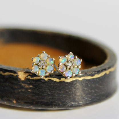1920's Opal & Diamond Flower Earrings, 0.57 Carat 9K Gold
