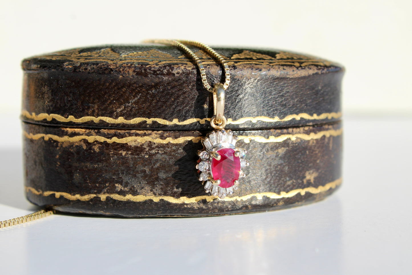 Antique Ruby & Diamond Halo Necklace, 1.53 Carats 14K Gold