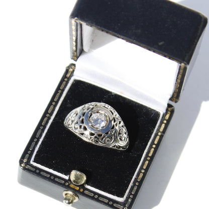 Art Deco Old European Cut Diamond Filigree Ring, 0.646 Carats 18K White Gold