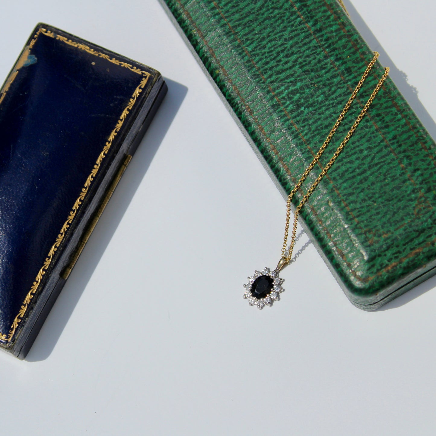 Antique Noir Sapphire & White Topaz Halo Pendant Necklace, 2.32 Carats 9K Gold