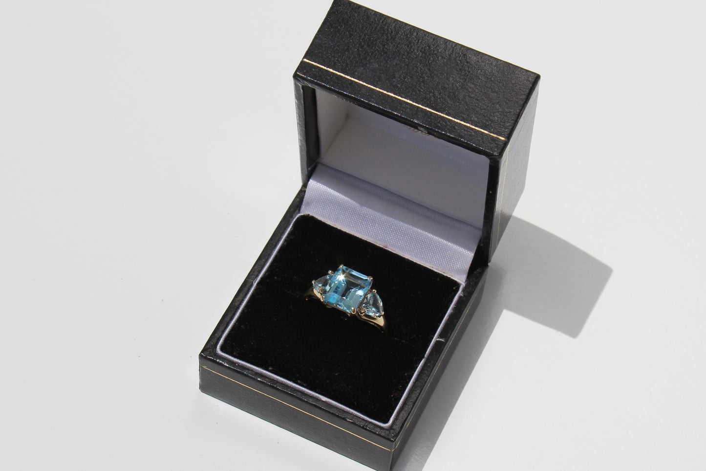 Blue Topaz & Aquamarine Trilogy Ring, 4.77 Carats 9K Gold