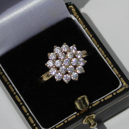 Vintage English CZ Cluster Cocktail Ring, 1.52 Carats 9K Gold