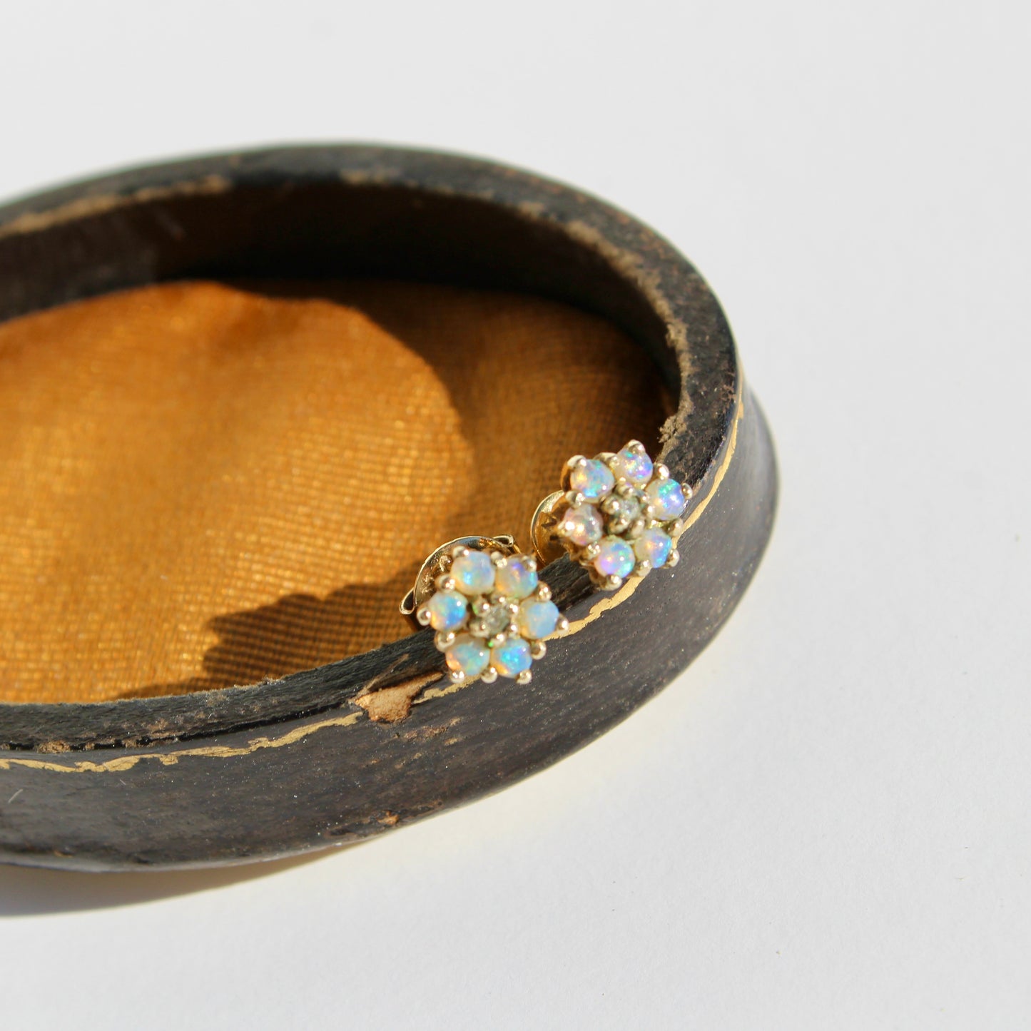 1920's Opal & Diamond Flower Earrings, 0.57 Carat 9K Gold