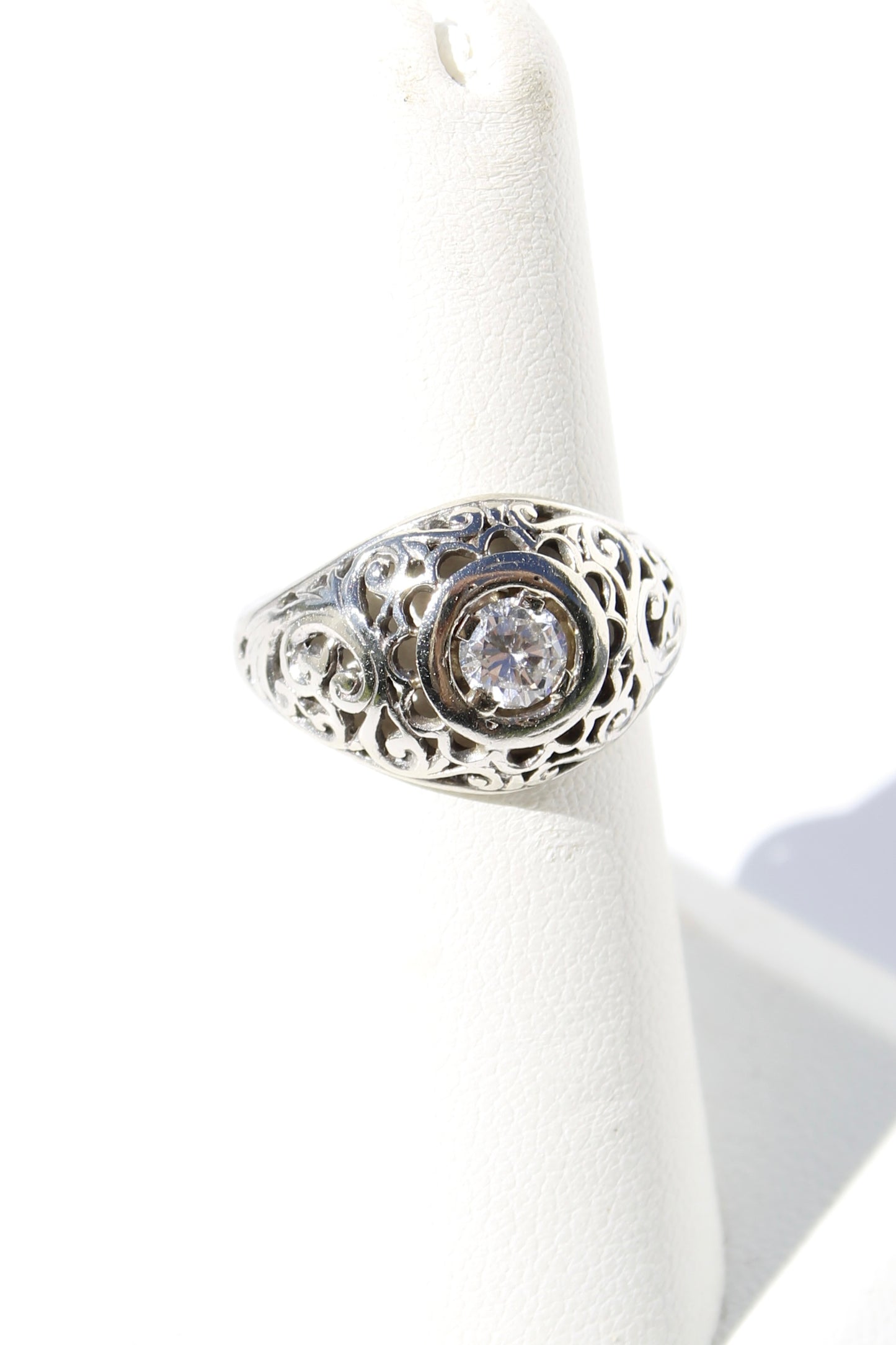 Art Deco Old European Cut Diamond Filigree Ring, 0.646 Carats 18K White Gold