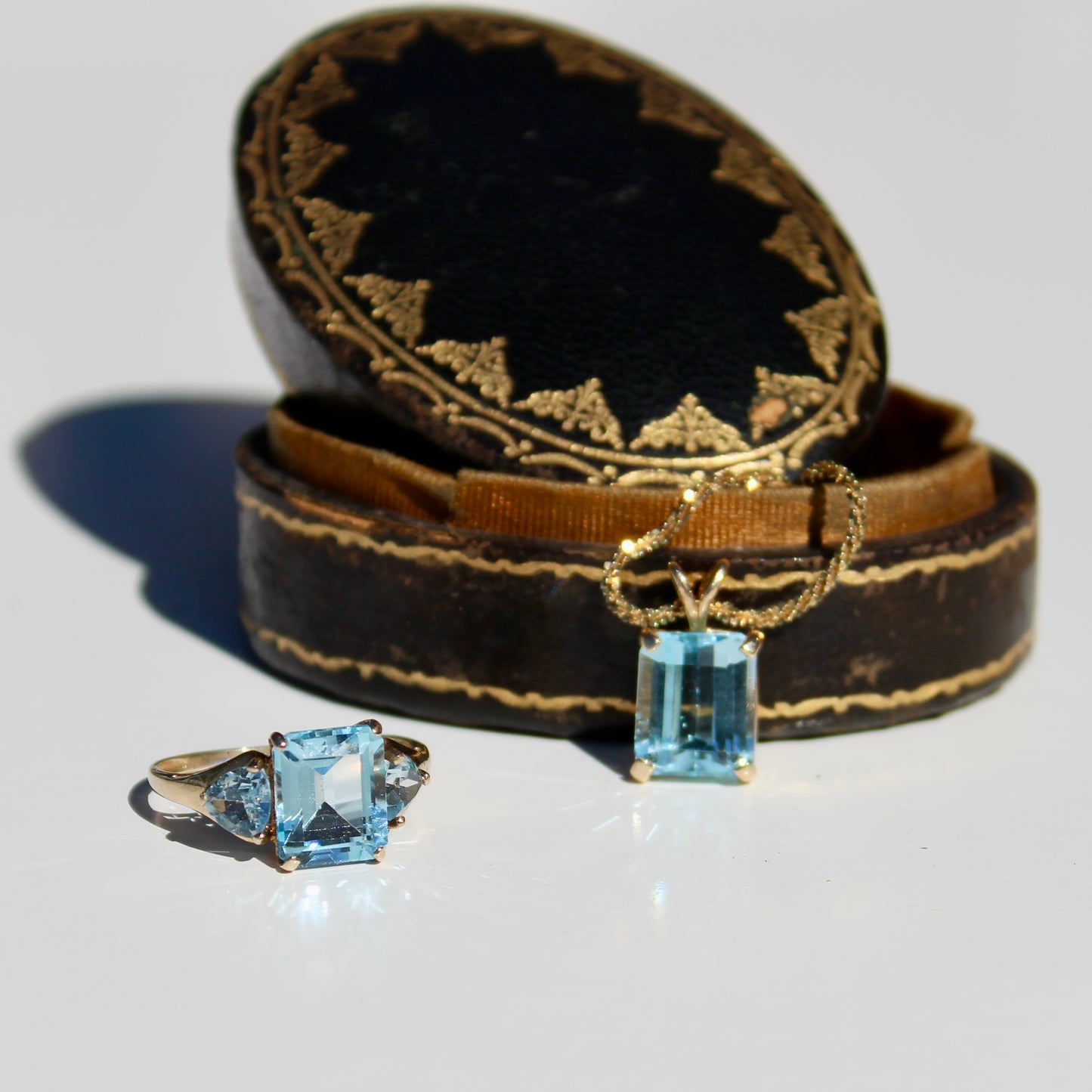 Emerald-Cut Blue Topaz Set w/ Aquamarine, 9.1 Carats 10K & 14K Gold