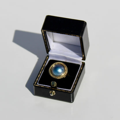 Black Mabe Pearl Ornate Ring, 11mm 10K Gold
