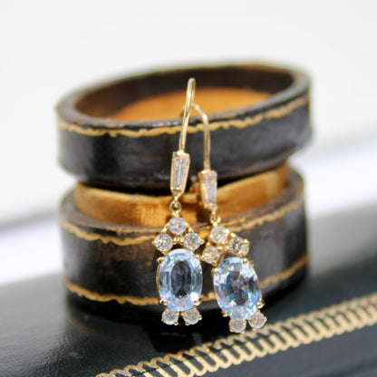 Antique Aquamarine & Diamond Drop Earrings, 3.78 Carats 14K Gold