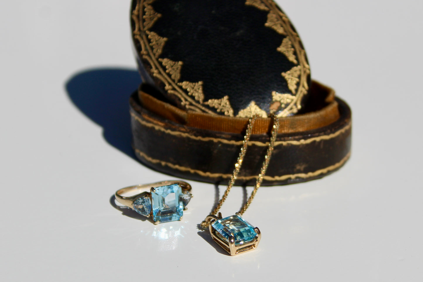 Emerald-Cut Blue Topaz Set w/ Aquamarine, 9.1 Carats 10K & 14K Gold