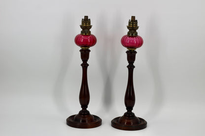 Imperial Russian Red-Font Mahogany Peg Lamp Pair