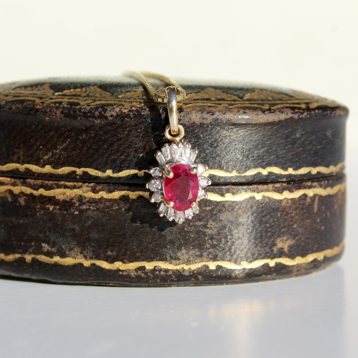 Antique Ruby & Diamond Halo Necklace, 1.53 Carats 14K Gold
