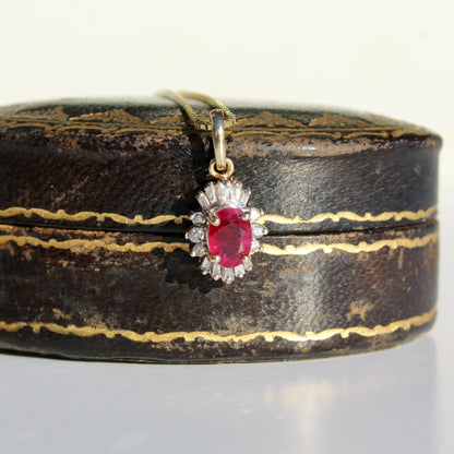 Antique Ruby & Diamond Halo Necklace, 1.53 Carats 14K Gold