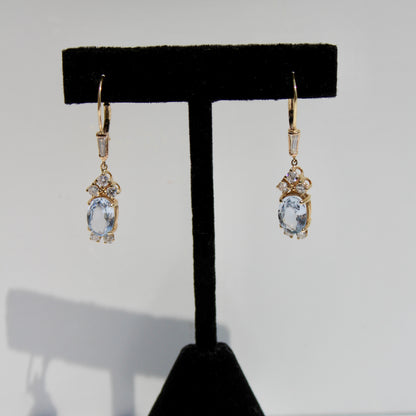 Antique Aquamarine & Diamond Drop Earrings, 3.78 Carats 14K Gold