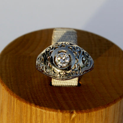 Art Deco Old European Cut Diamond Filigree Ring, 0.646 Carats 18K White Gold