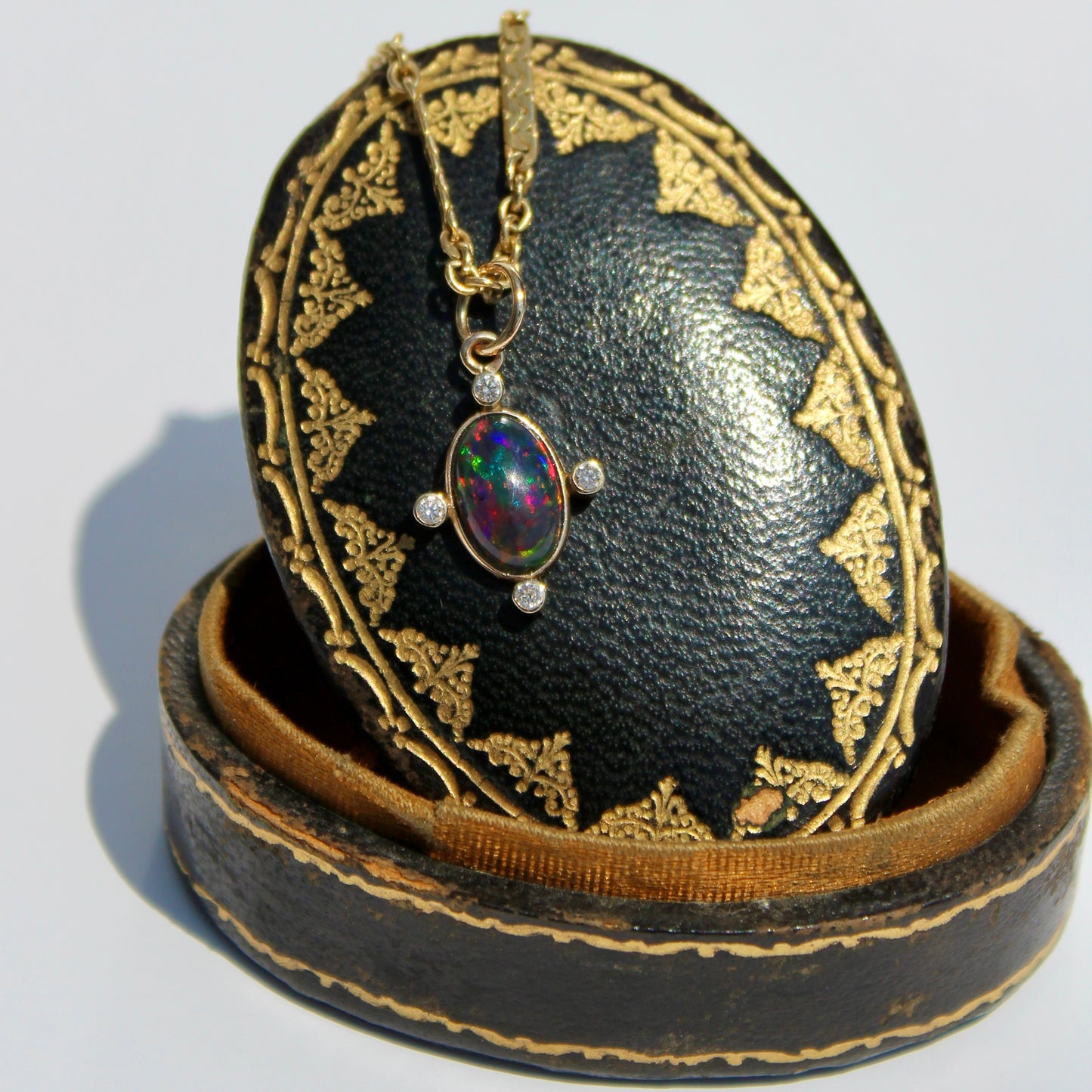 Black Opal Cabochon & Diamond Pendant, 2.12 Carats 14K Gold