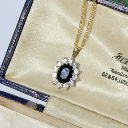 Antique Noir Sapphire & White Topaz Halo Pendant Necklace, 2.32 Carats 9K Gold