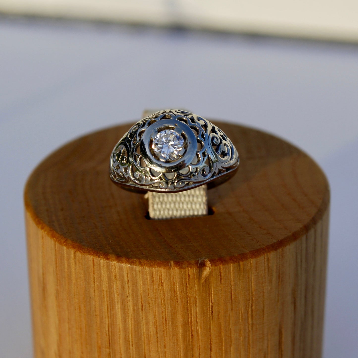 Art Deco Old European Cut Diamond Filigree Ring, 0.646 Carats 18K White Gold