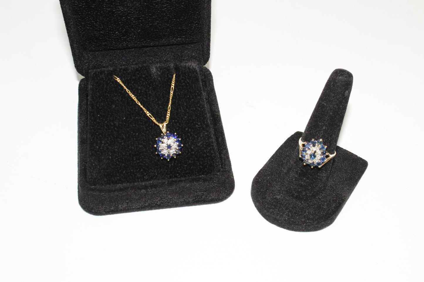 Antique Sapphire Diamond Cluster Set- Ring & Pendant, 2.25 Carats 14K Gold
