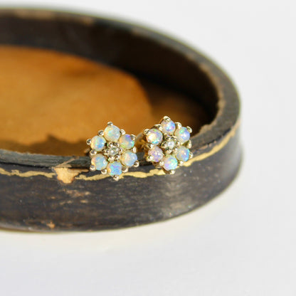 1920's Opal & Diamond Flower Earrings, 0.57 Carat 9K Gold