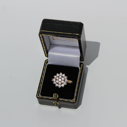 Vintage English CZ Cluster Cocktail Ring, 1.52 Carats 9K Gold