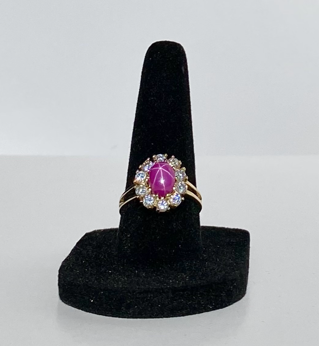 Bague en or 14 carats avec cabochon en rubis étoilé et spinelle, 3 carats