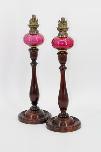 Imperial Russian Red-Font Mahogany Peg Lamp Pair