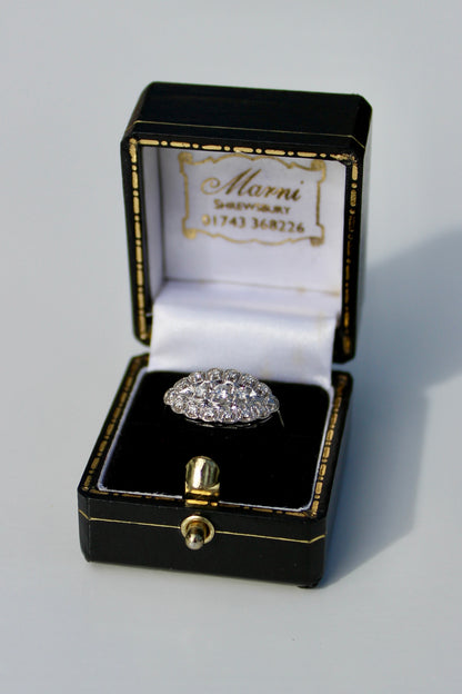 1930's East/West Diamond Cluster Ring, 1.28 Carats 14K White Gold & Platinum