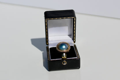 Black Mabe Pearl Ornate Ring, 11mm 10K Gold