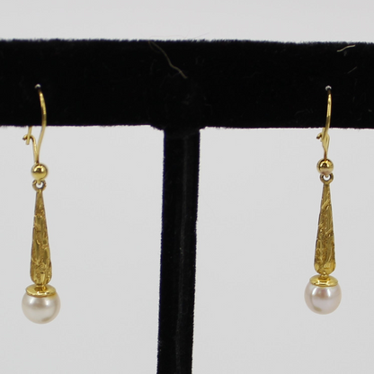 Antique Floral-Filigree Pearl Drop Earrings, 9K Gold