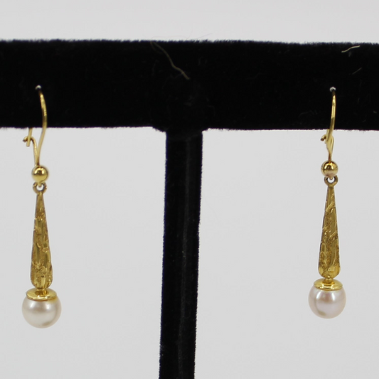 Antique Floral-Filigree Pearl Drop Earrings, 9K Gold