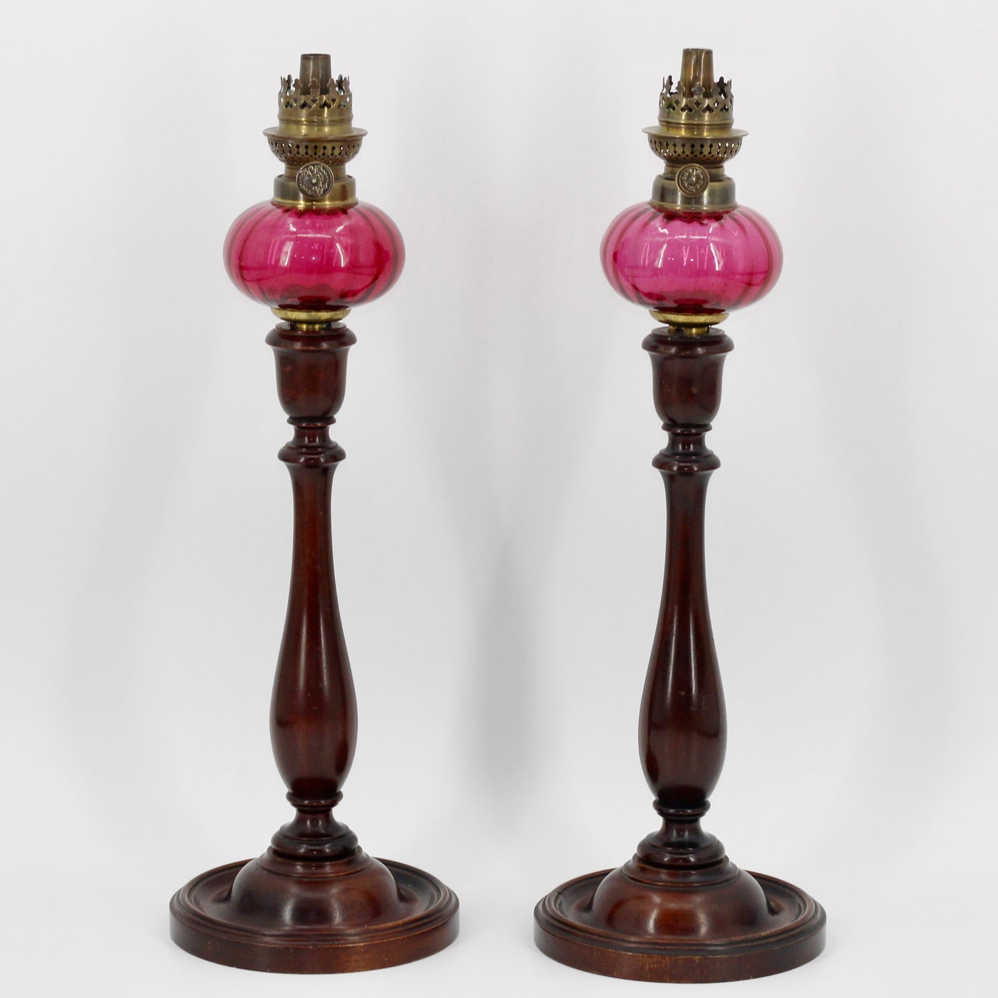 Imperial Russian Red-Font Mahogany Peg Lamp Pair