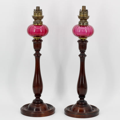 Imperial Russian Red-Font Mahogany Peg Lamp Pair