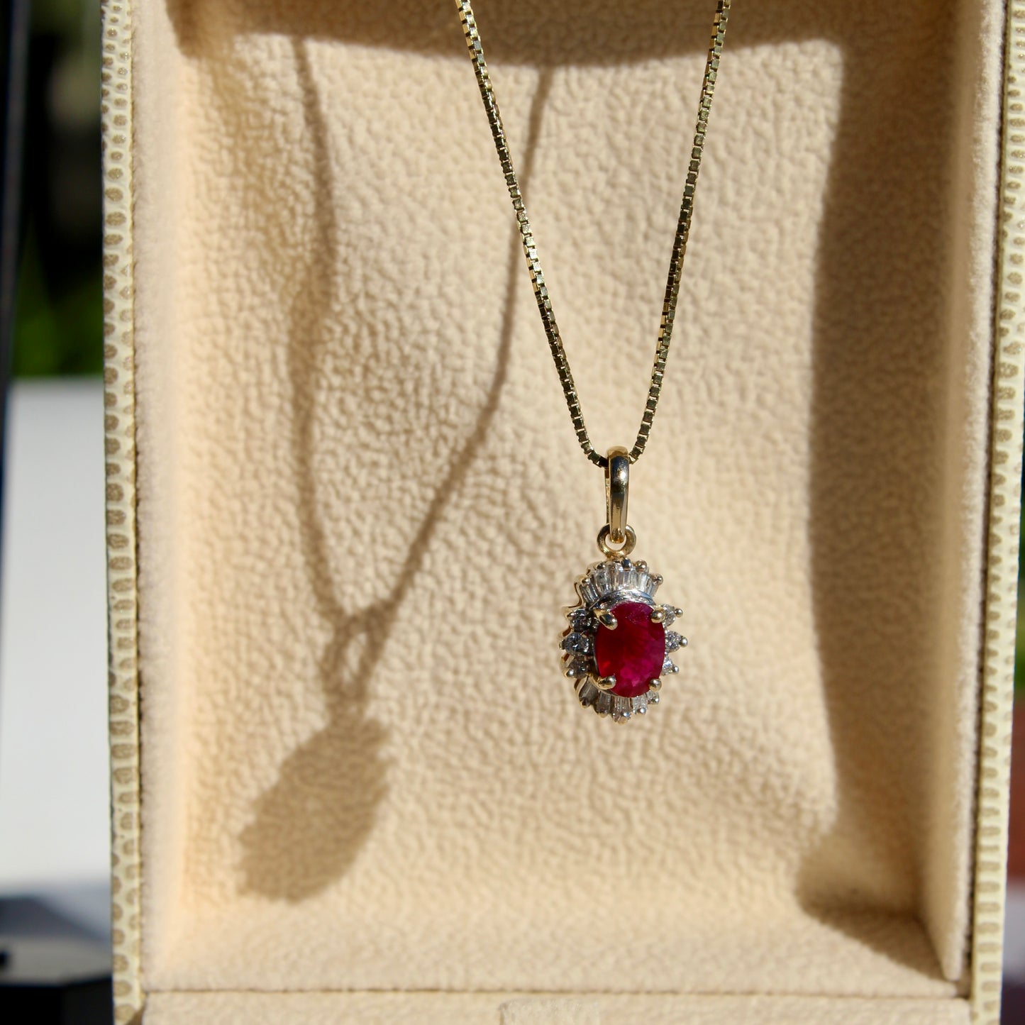 Antique Ruby & Diamond Halo Necklace, 1.53 Carats 14K Gold