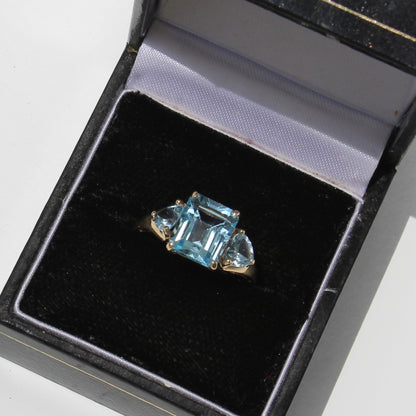 Blue Topaz & Aquamarine Trilogy Ring, 4.77 Carats 9K Gold
