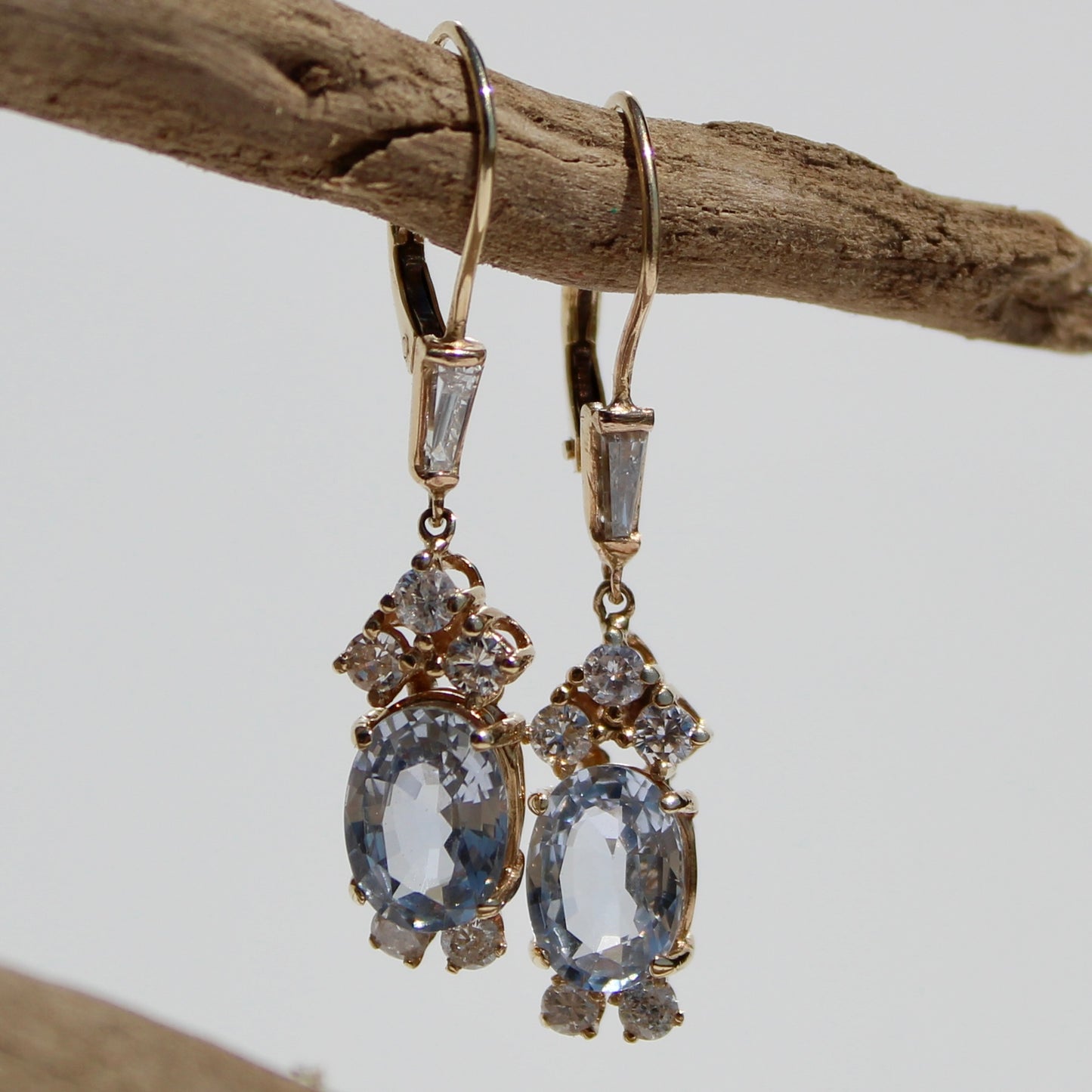 Antique Aquamarine & Diamond Drop Earrings, 3.78 Carats 14K Gold