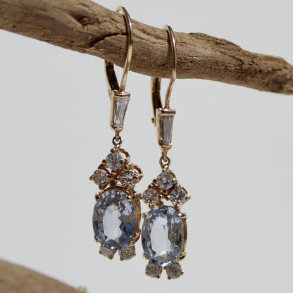 Antique Aquamarine & Diamond Drop Earrings, 3.78 Carats 14K Gold