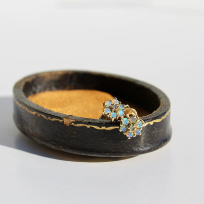 1920's Opal & Diamond Flower Earrings, 0.57 Carat 9K Gold