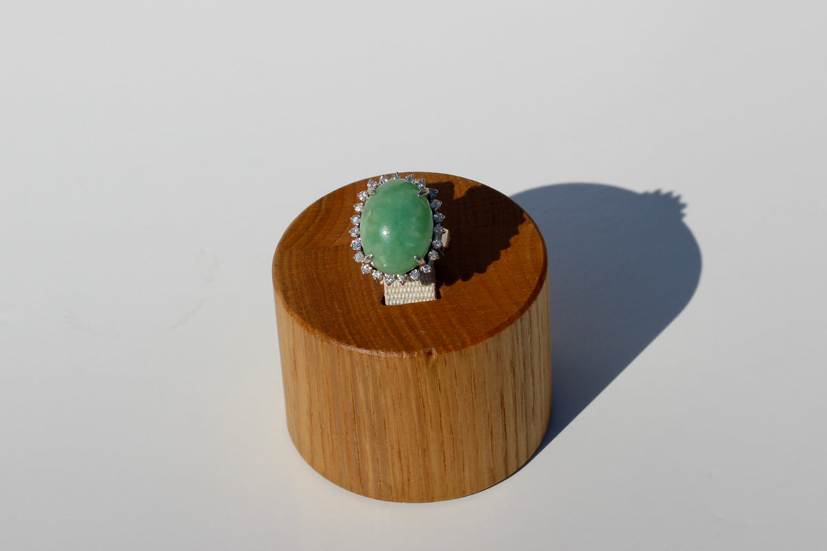 Jade Cabochon & Diamond Halo Ring, 14.13 Carats 14K Gold