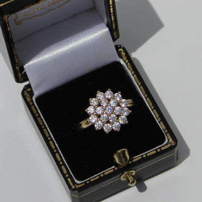 Vintage English CZ Cluster Cocktail Ring, 1.52 Carats 9K Gold