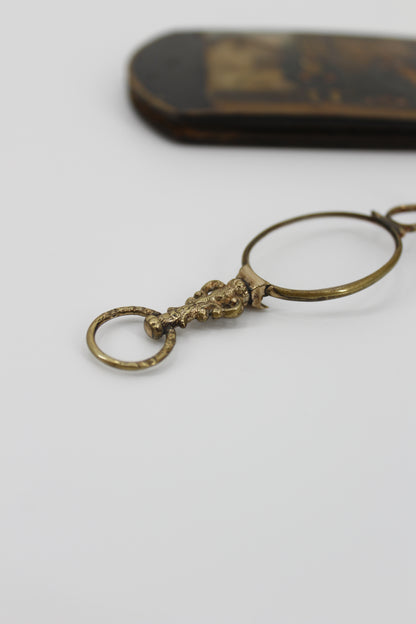 Victorian Lorgnette Folding Spectacles (Gold Vermeil, Hand-Painted Case)