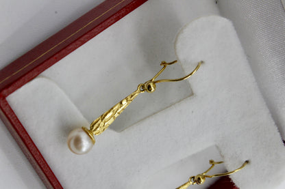 Antique Floral-Filigree Pearl Drop Earrings, 9K Gold