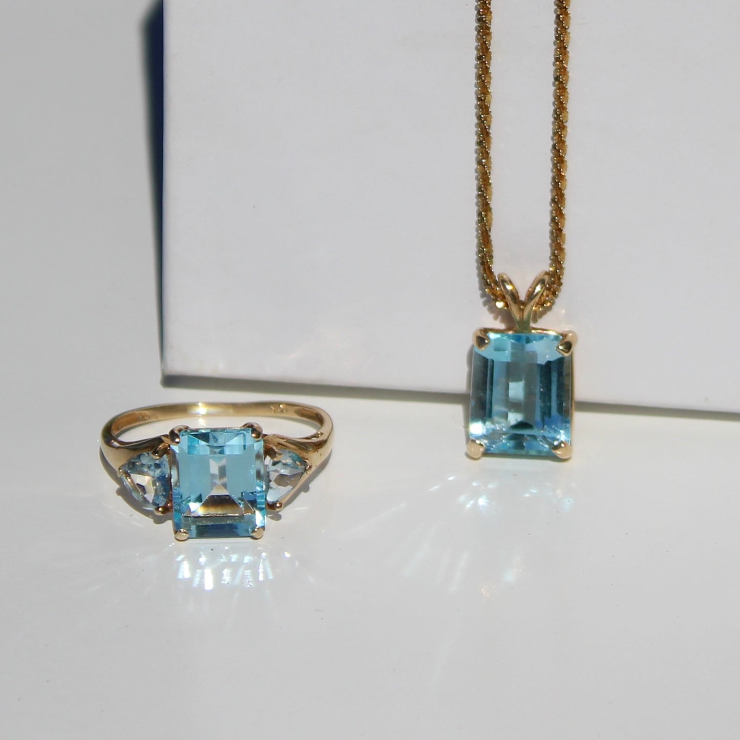 Emerald-Cut Blue Topaz Set w/ Aquamarine, 9.1 Carats 10K & 14K Gold