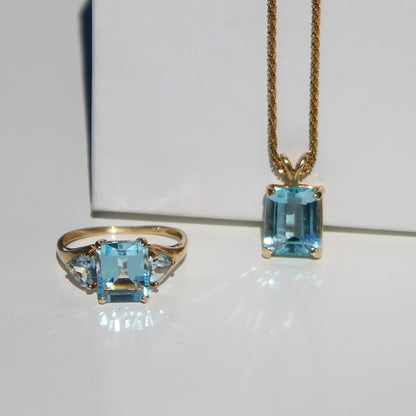 Emerald-Cut Blue Topaz Set w/ Aquamarine, 9.1 Carats 10K & 14K Gold