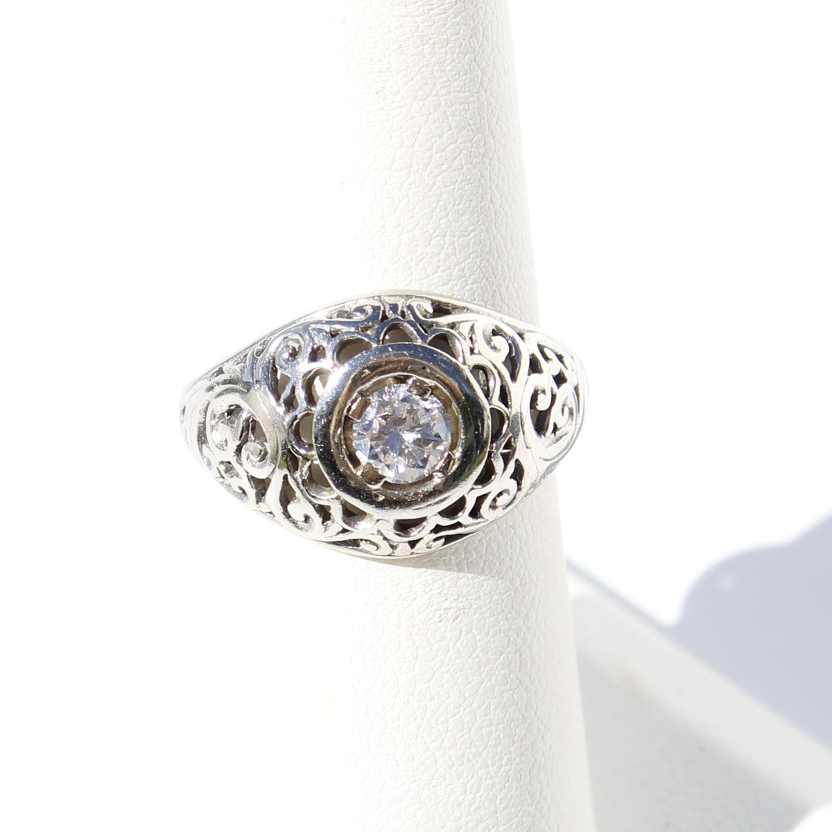 Art Deco Old European Cut Diamond Filigree Ring, 0.646 Carats 18K White Gold