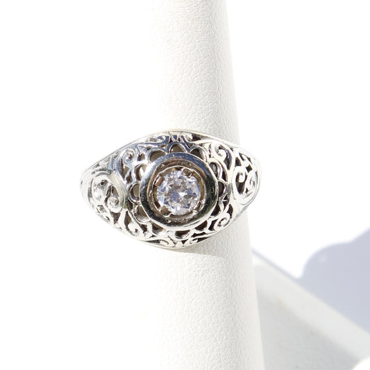 Art Deco Old European Cut Diamond Filigree Ring, 0.646 Carats 18K White Gold
