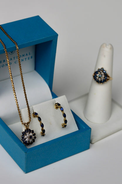 Antique Sapphire Diamond Cluster Set- Ring & Pendant, 2.25 Carats 14K Gold