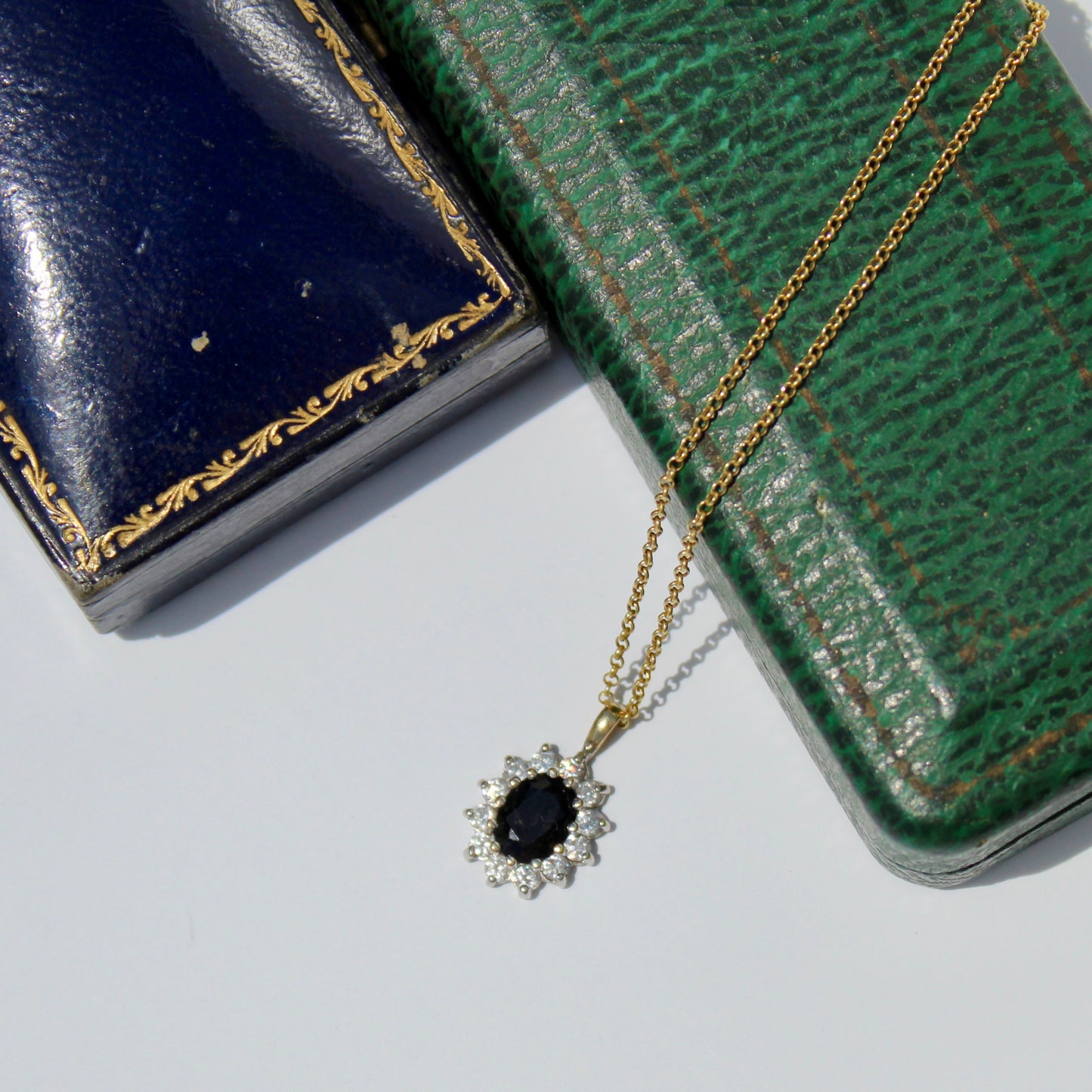 Antique Noir Sapphire & White Topaz Halo Pendant Necklace, 2.32 Carats 9K Gold