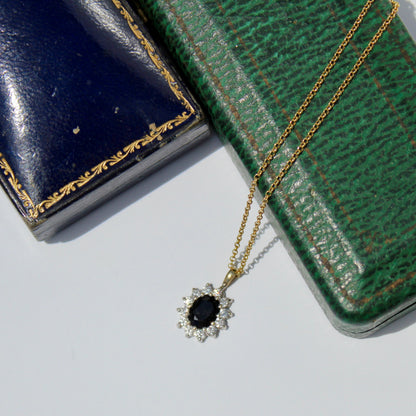 Antique Noir Sapphire & White Topaz Halo Pendant Necklace, 2.32 Carats 9K Gold