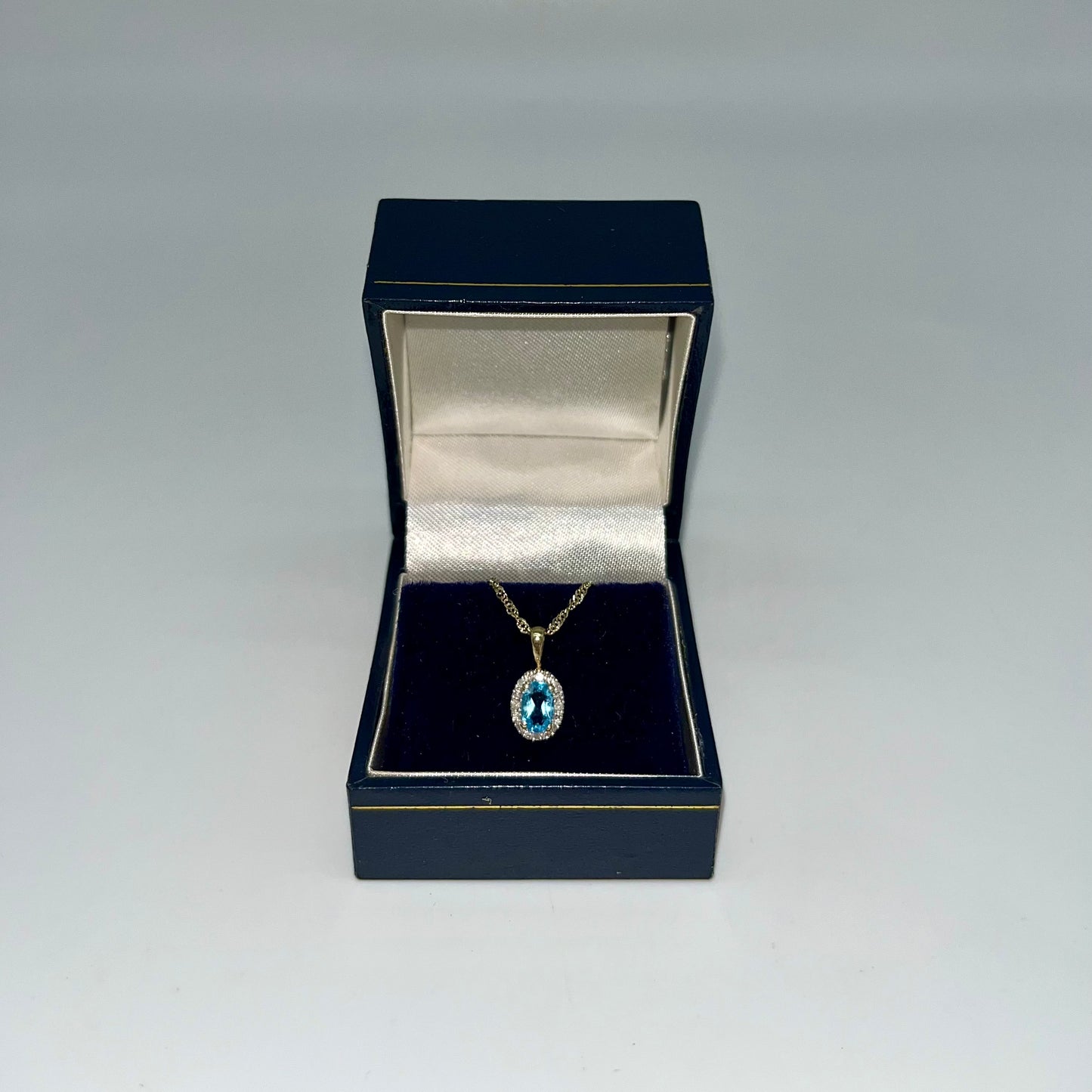 Antique Blue Topaz & Diamond Halo Necklace, 0.6 CTW 10K Gold